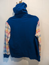 Load image into Gallery viewer, One-of-a-Kind Upcycled Plaid Sleeve Hoodie | Royal Blue Wolf Medium