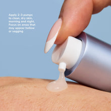 Load image into Gallery viewer, Close up of GLP Complex pump dispensing a pale gel onto the skin.