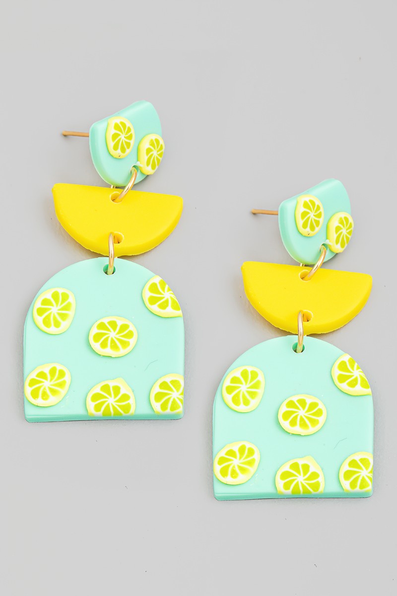 Layered Geo Shape Lemon Print Drop Earrings