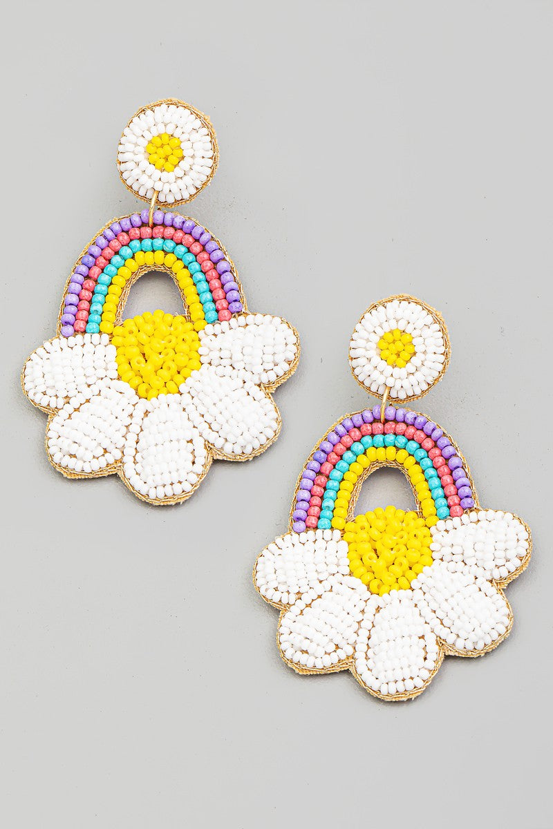 Beaded Rainbow Flower Drop Earrings