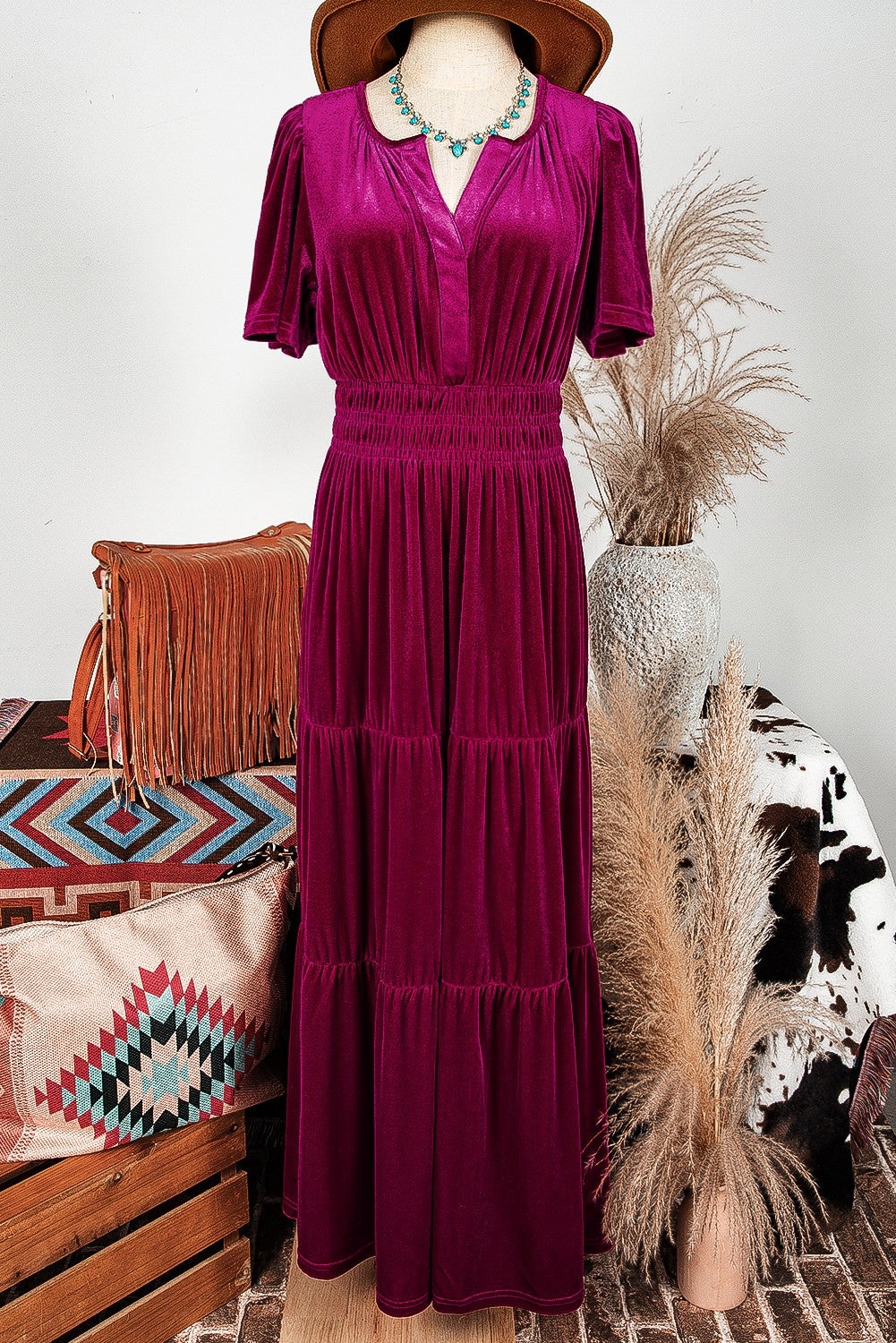Fuchsia Velvet Maxi Dress Large