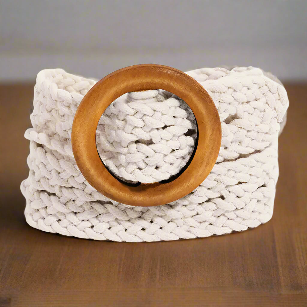 Round Wooden Buckle Braided Belt