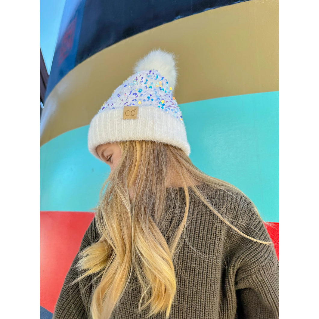 Sequin Faux Fur Pom Kids Beanie