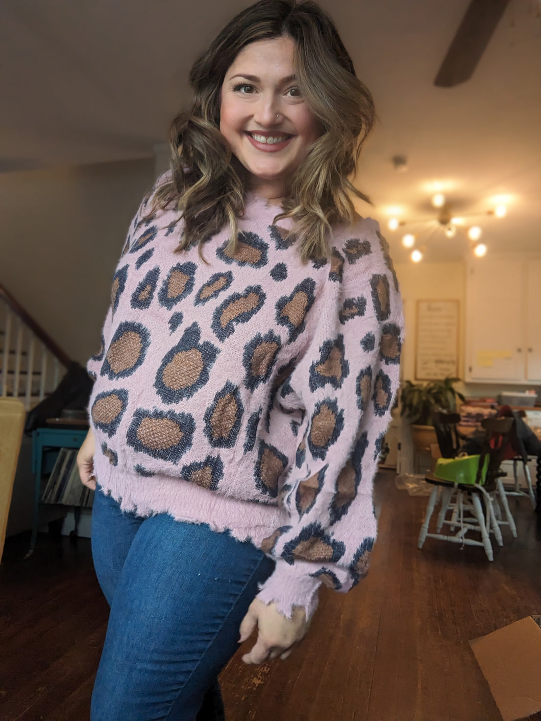 Pink Cheetah Distressed Pullover Womens Curvy