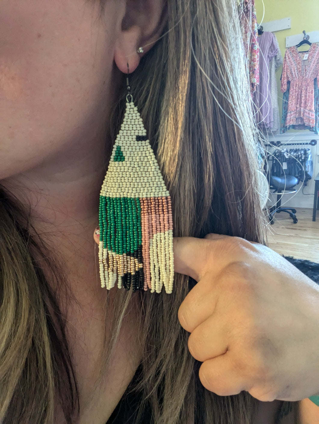 Geometric Cream Beaded Earrings