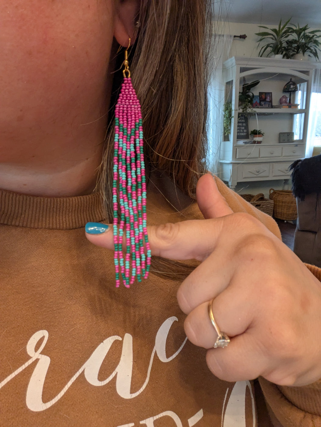 Pink Chevron Beaded Earrings