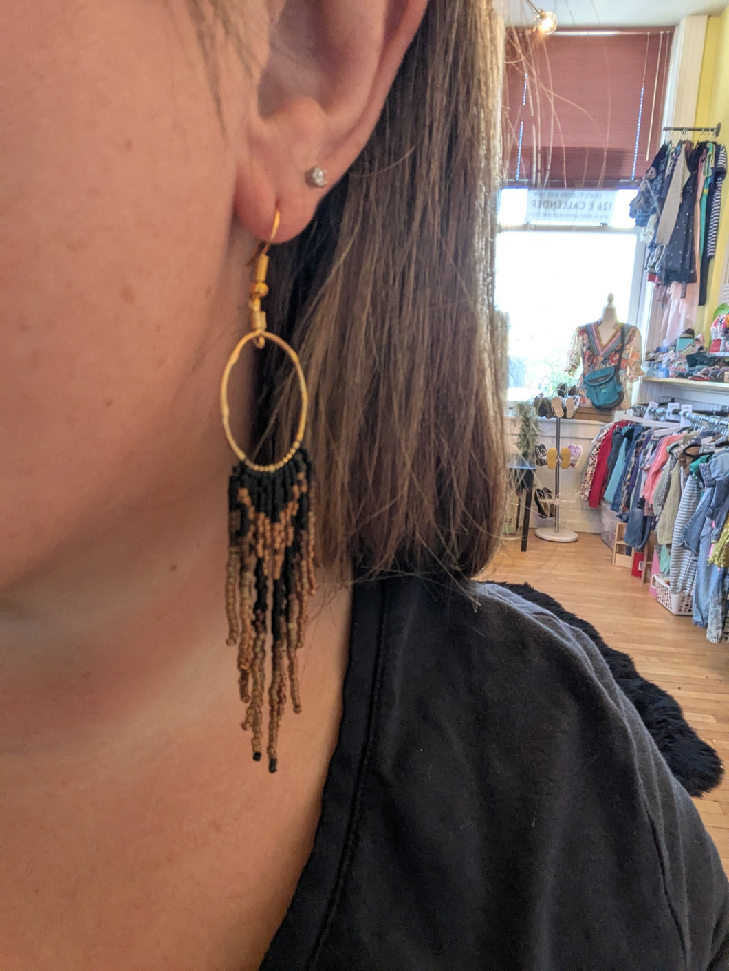 Gold and Black Hoop Beaded Earring