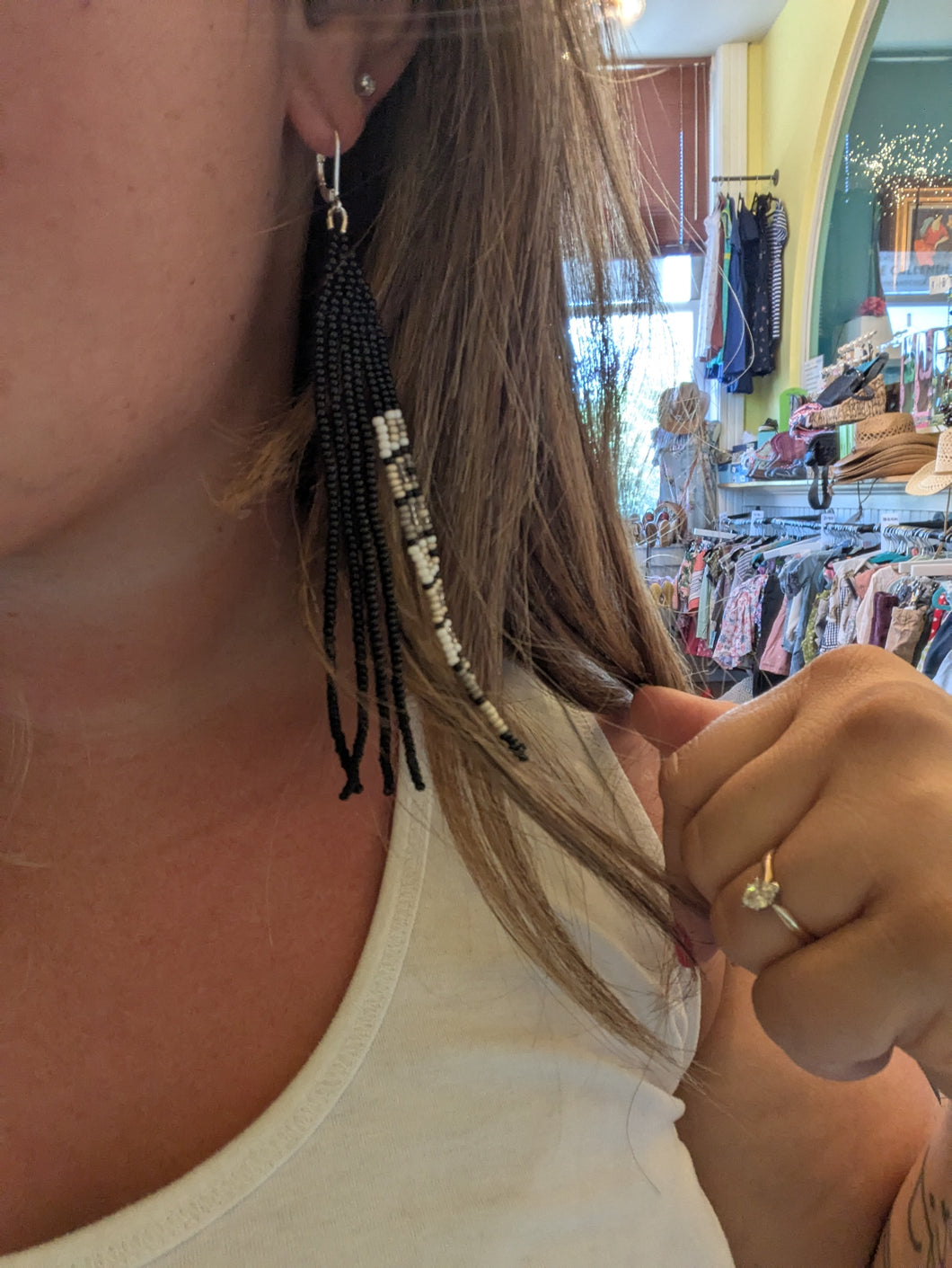 Grey Scale Fringe Beaded Earring