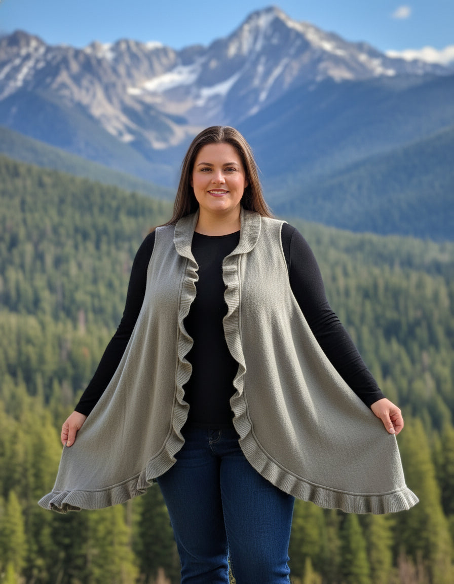 Grey Sleeveless Ruffled Cardigan XL