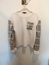 Load image into Gallery viewer, One-of-a-Kind Upcycled Plaid Sleeve Sweatshirt | Cream &amp; Blush Small

