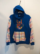 Load image into Gallery viewer, One-of-a-Kind Upcycled Plaid Sleeve Hoodie | Royal Blue Wolf Medium
