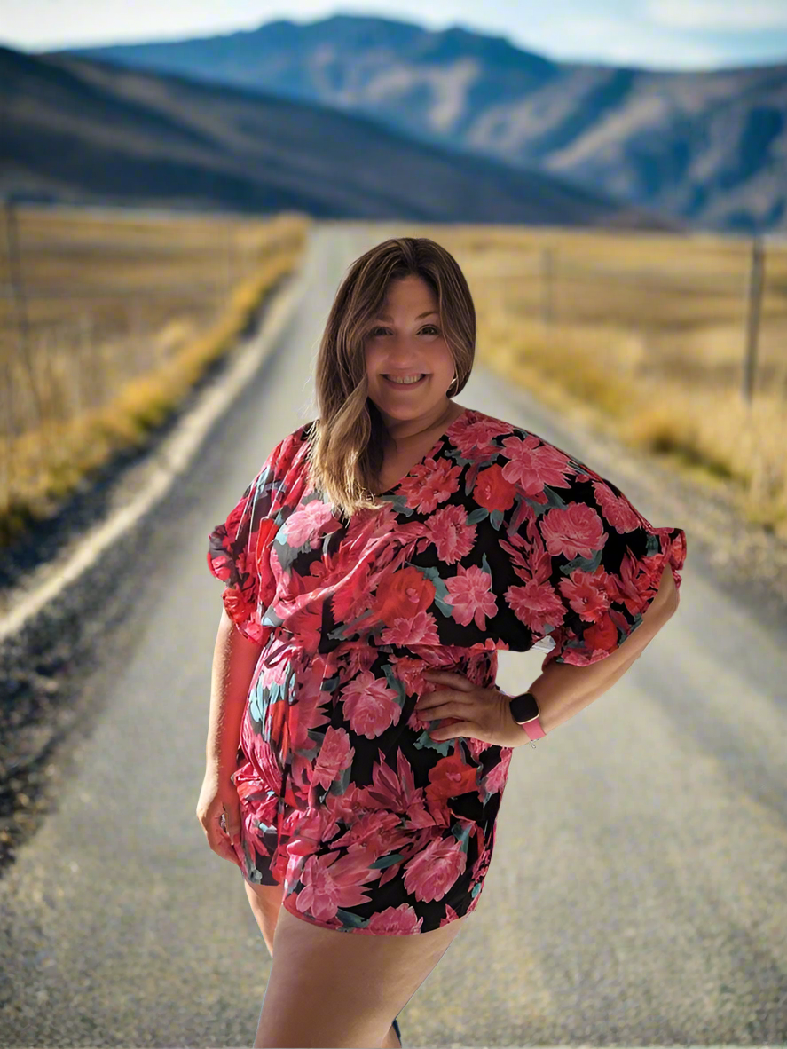 Floral Romper with Tied Waist- Curvy women