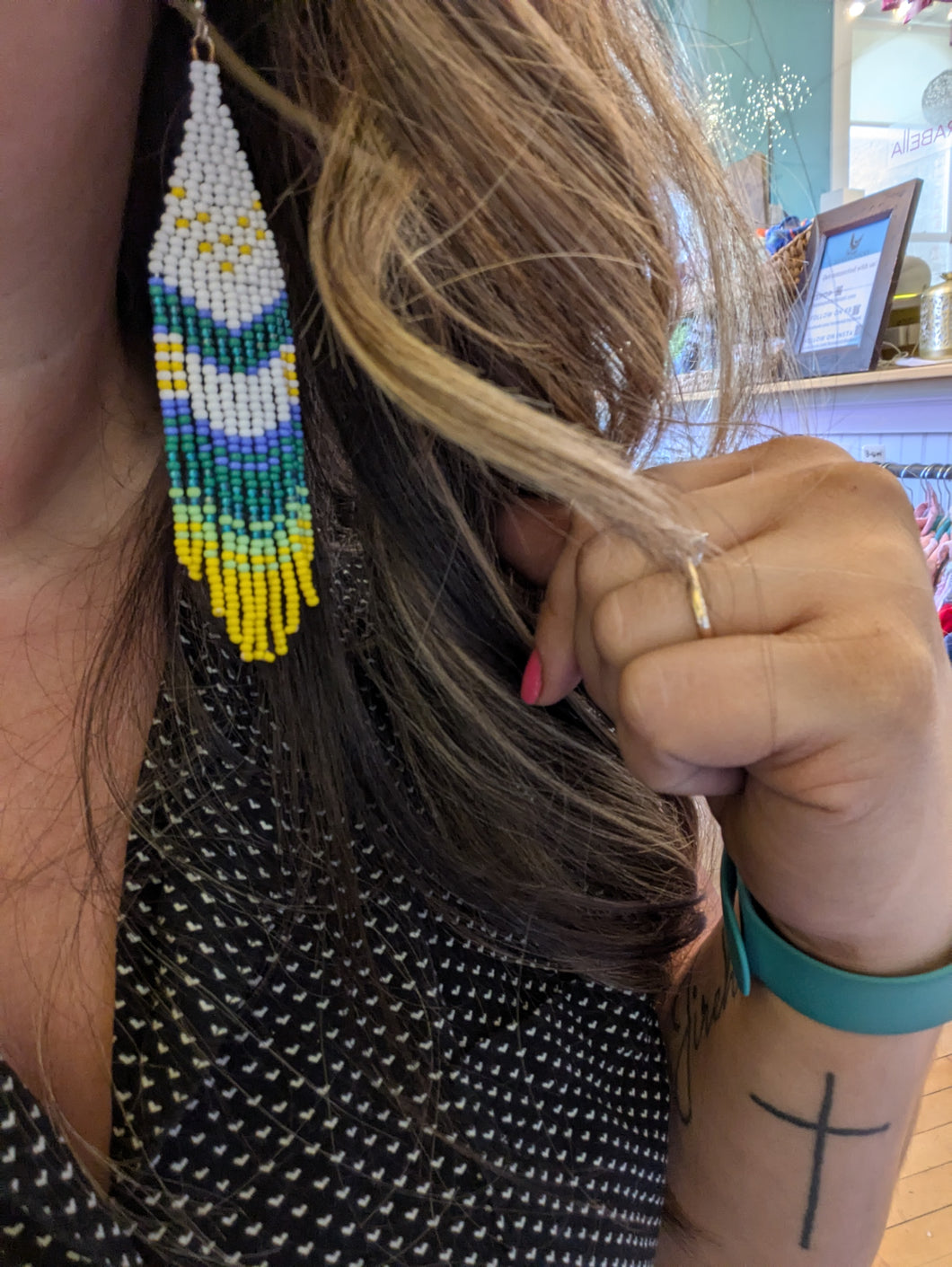 White, Yellow and Green Fringe Earrings
