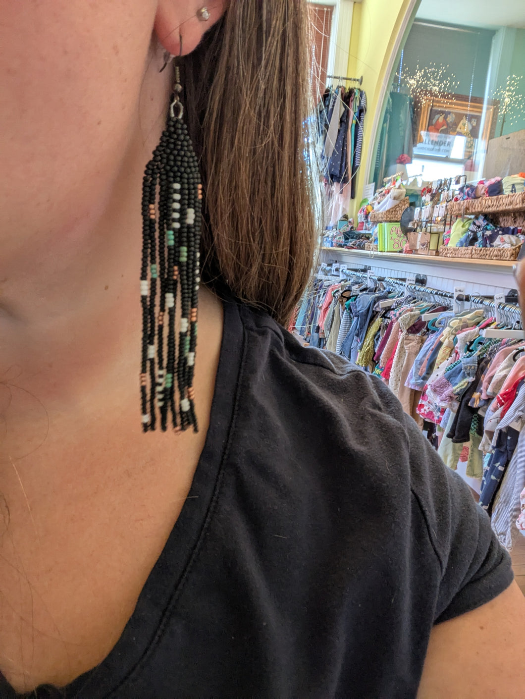 Black Fringe Beaded Earrings With Green and Bronze