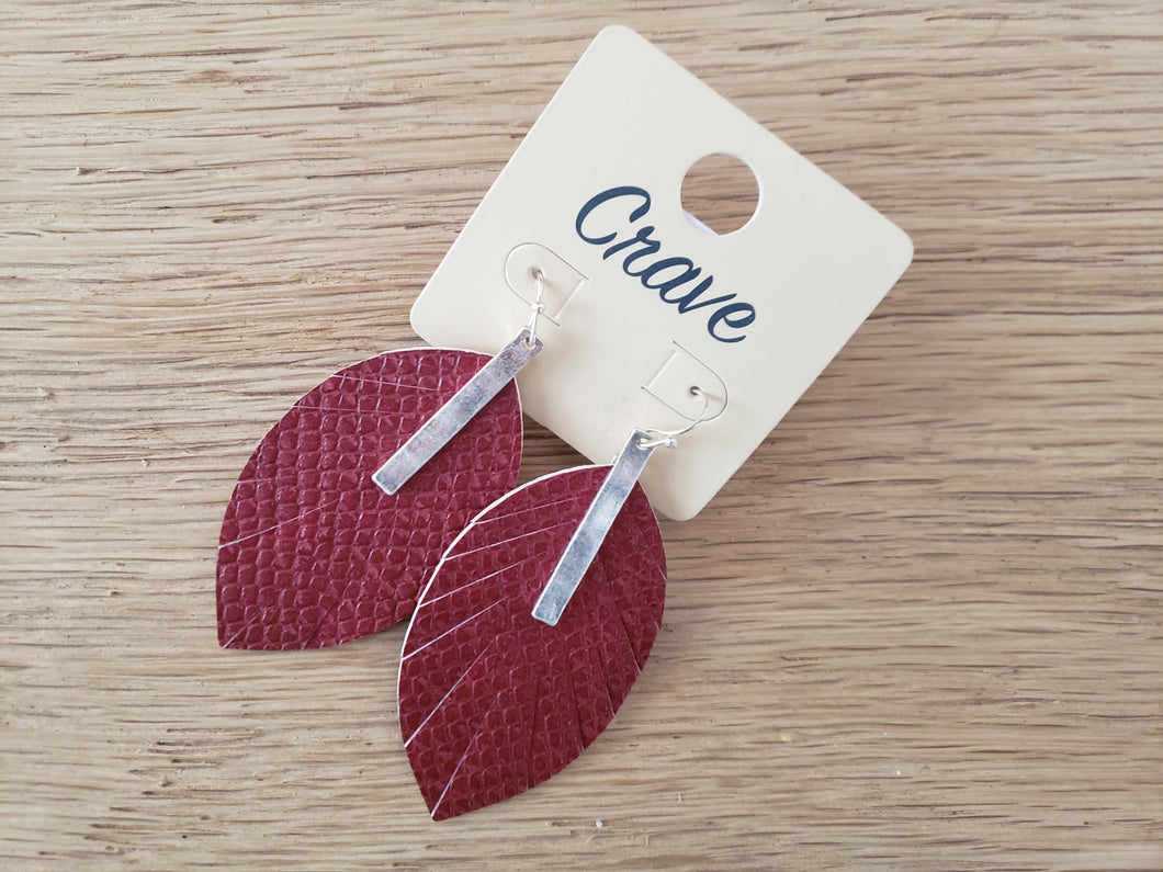 Crave Silvertone Bar and Burgandy Python Leaf Earrings