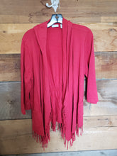 Load image into Gallery viewer, Chico&#39;s Red Cardigan with Hood and Fringe size 2/12
