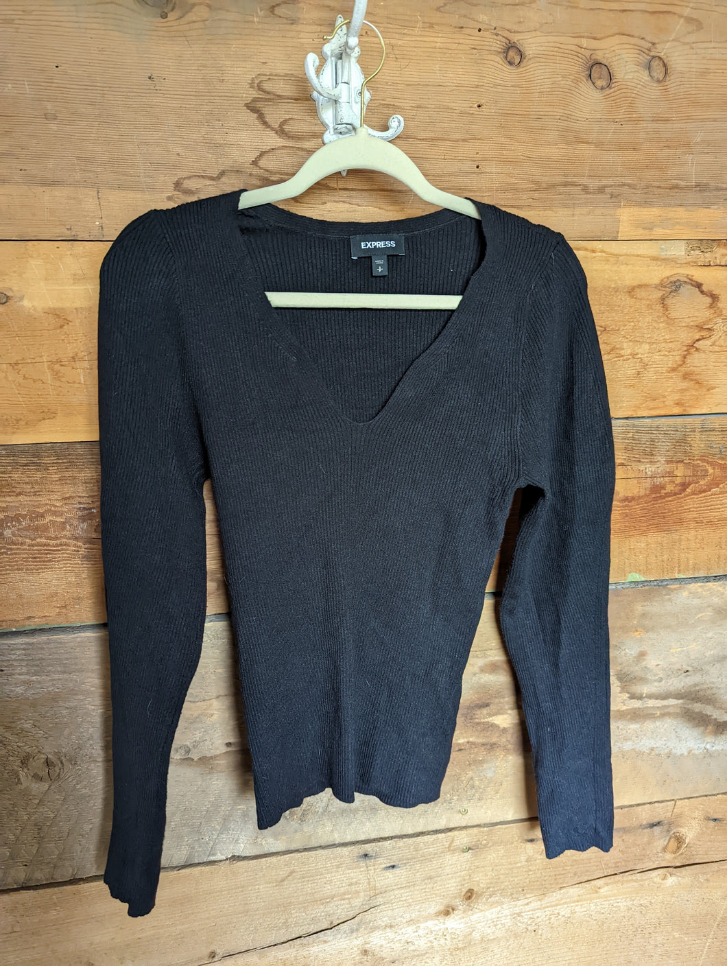 Express Black Ribbed VNeck Long Sleeve Top Womens Small